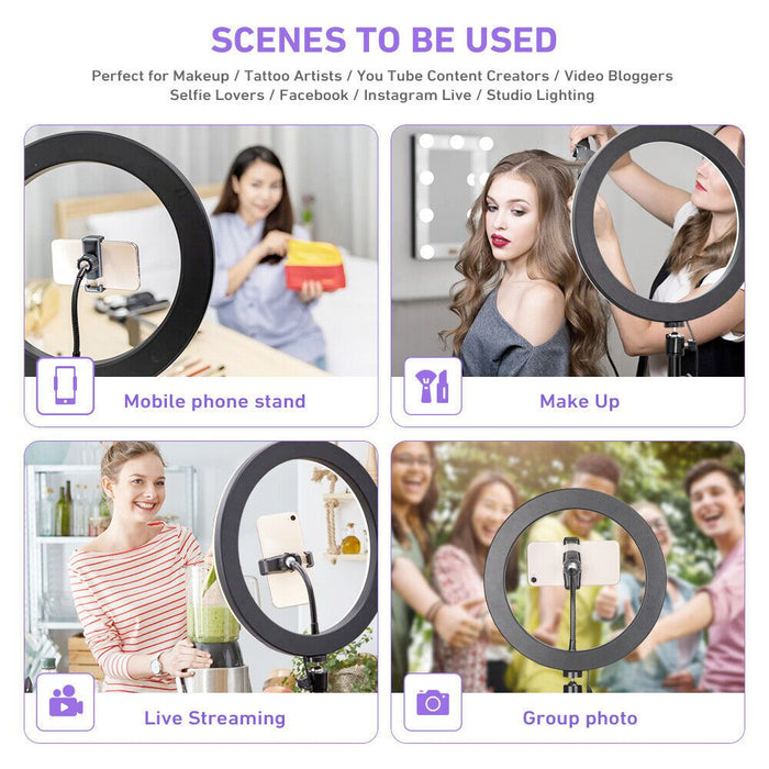 10" Tripod Stand Kit with LED Ring Light: black, white ring light with phone stand, product infographic style