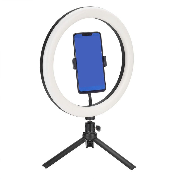 10" Tripod Stand Kit with LED Ring Light: black, white ring light with phone stand, product infographic style