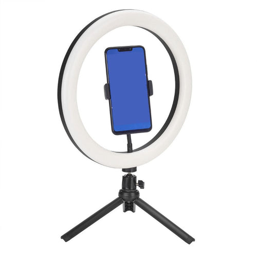 10" Tripod Stand Kit with LED Ring Light: black, white ring light with phone stand, product infographic style