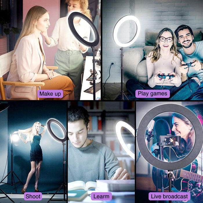 10" Tripod Stand Kit with LED Ring Light: black, white ring light with phone stand, product infographic style