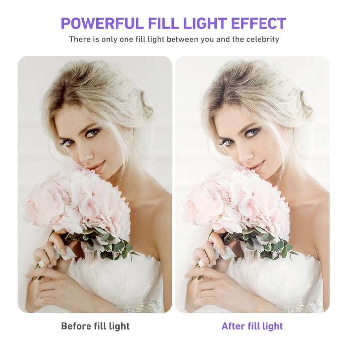 10" Tripod Stand Kit with LED Ring Light: black, white ring light with phone stand, product infographic style