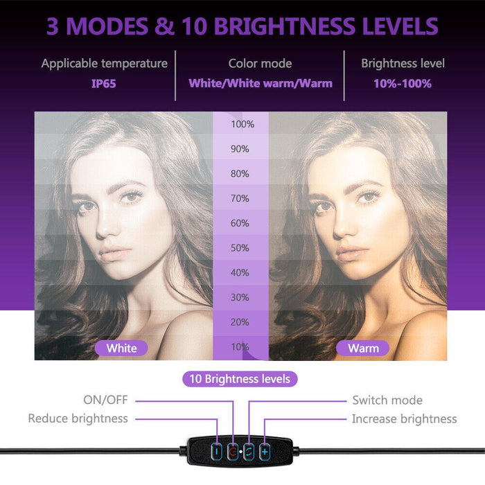10" Tripod Stand Kit with LED Ring Light: black, white ring light with phone stand, product infographic style