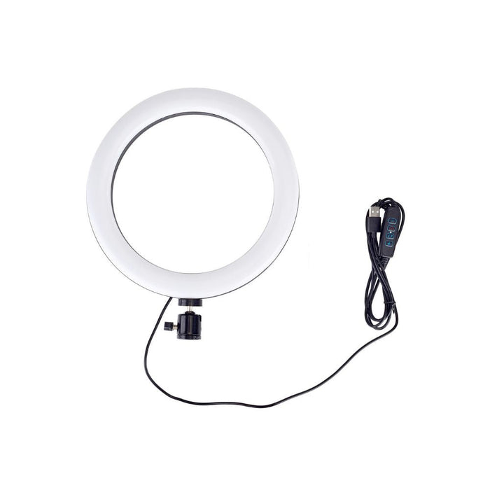 10" Tripod Stand Kit with LED Ring Light: black, white ring light with phone stand, product infographic style