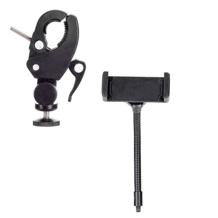 10" Tripod Stand Kit with LED Ring Light: black, white ring light with phone stand, product infographic style