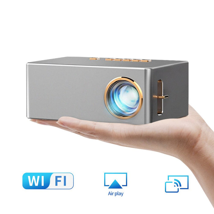1080P Wireless Miracast Projector by "": gray, silver portable projector, minimal modern electronics style