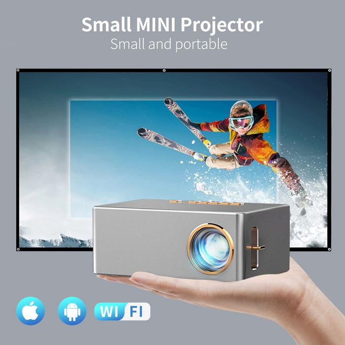 1080P Wireless Miracast Projector by "": gray, silver portable projector, minimal modern electronics style