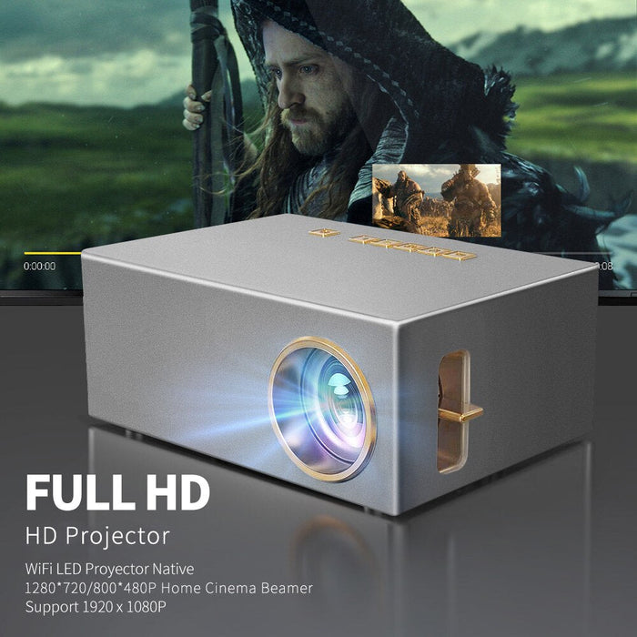 1080P Wireless Miracast Projector by "": gray, silver portable projector, minimal modern electronics style