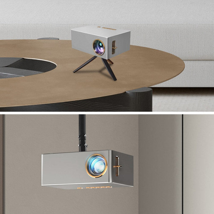 1080P Wireless Miracast Projector by "": gray, silver portable projector, minimal modern electronics style