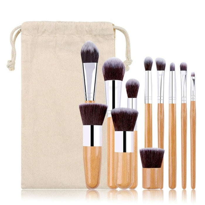 11-Piece Collection of Bamboo Makeup Brushes: beige, light brown wood makeup brush set with drawstring pouch, minimal style