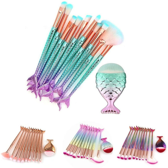 11-Piece Mermaid Makeup Brush Kit for a Beautiful Look: turquoise, teal mermaid/fish tail theme, fantasy mermaid, colorful st