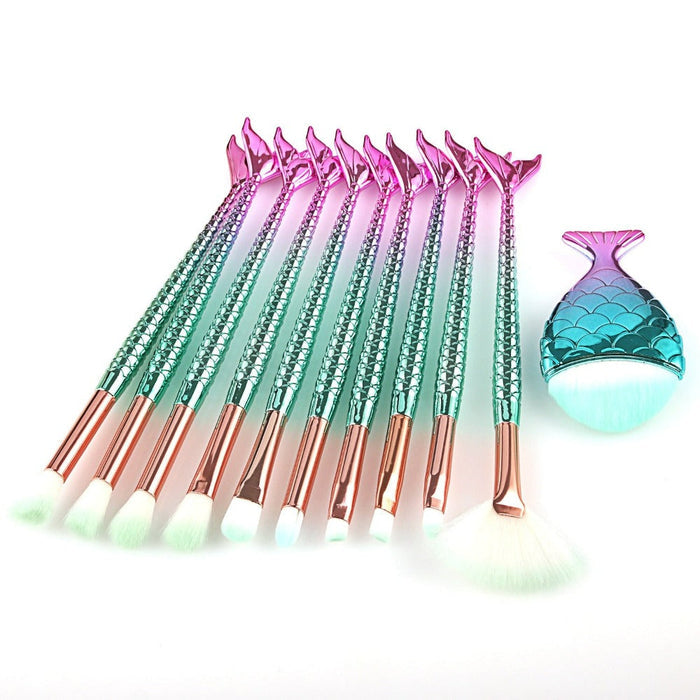 11-Piece Mermaid Makeup Brush Kit for a Beautiful Look: turquoise, teal mermaid/fish tail theme, fantasy mermaid, colorful st