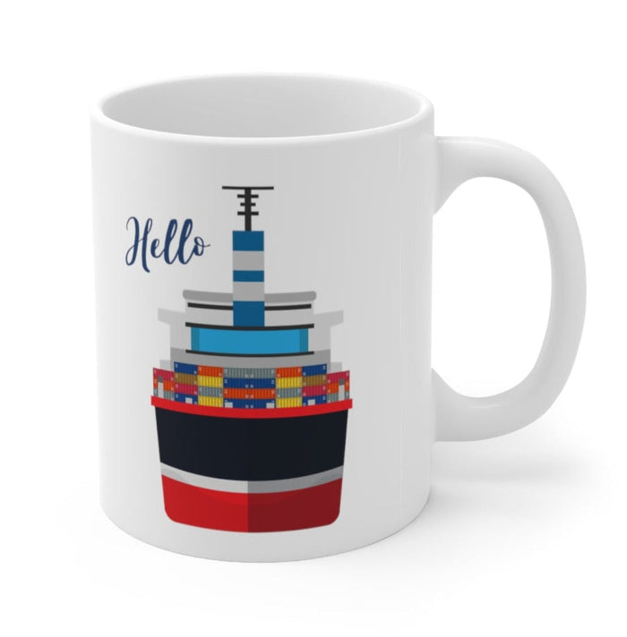 11oz Ceramic Mug, Cargo Vessel Container Ship Design: white, navy blue cartoon cargo ship, cartoon, minimal style