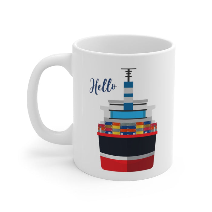 11oz Ceramic Mug, Cargo Vessel Container Ship Design: white, navy blue cartoon cargo ship, cartoon, minimal style