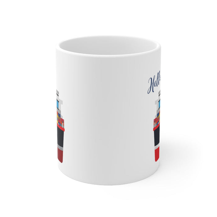 11oz Ceramic Mug, Cargo Vessel Container Ship Design: white, navy blue cartoon cargo ship, cartoon, minimal style
