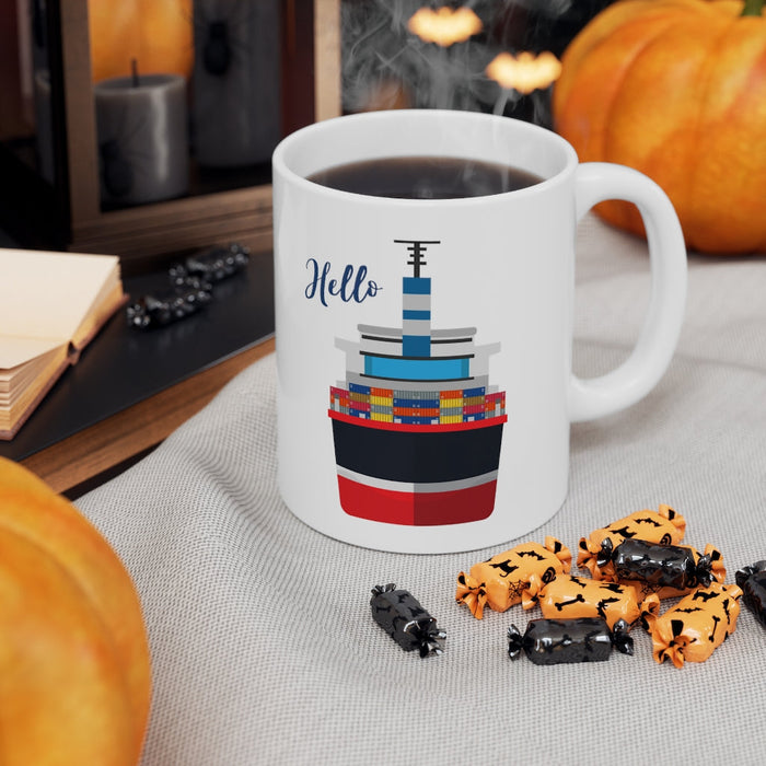 11oz Ceramic Mug, Cargo Vessel Container Ship Design: white, navy blue cartoon cargo ship, cartoon, minimal style