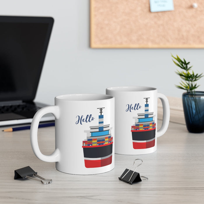 11oz Ceramic Mug, Cargo Vessel Container Ship Design: white, navy blue cartoon cargo ship, cartoon, minimal style