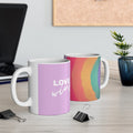11oz Rainbow Love Wins Coffee Mug: white, lavender ceramic mugs, minimal colorful graphic style