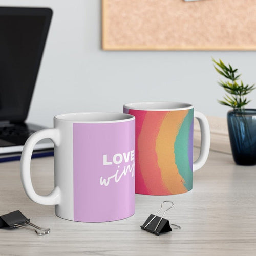 11oz Rainbow Love Wins Coffee Mug: white, lavender ceramic mugs, minimal colorful graphic style