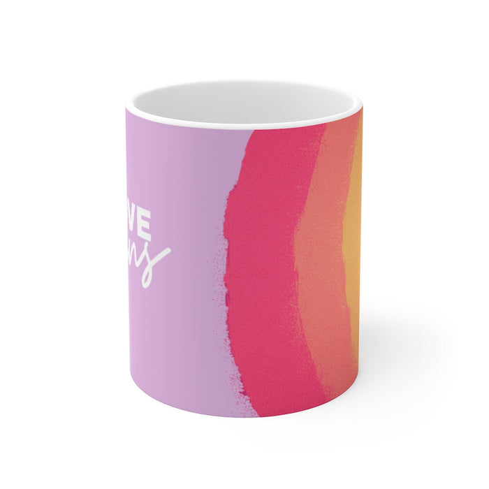 11oz Rainbow Love Wins Coffee Mug: white, lavender ceramic mugs, minimal colorful graphic style