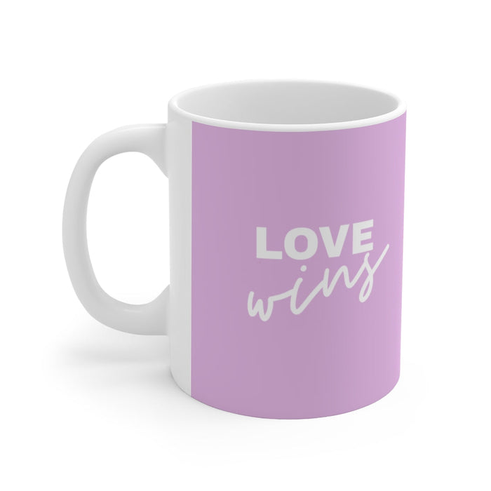 11oz Rainbow Love Wins Coffee Mug: white, lavender ceramic mugs, minimal colorful graphic style