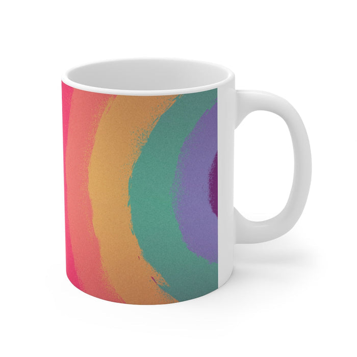 11oz Rainbow Love Wins Coffee Mug: white, lavender ceramic mugs, minimal colorful graphic style