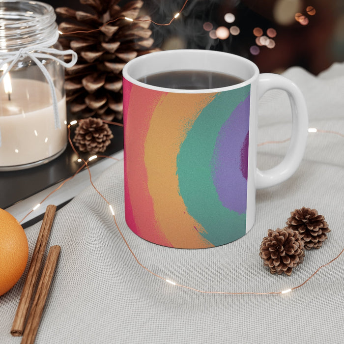 11oz Rainbow Love Wins Coffee Mug: white, lavender ceramic mugs, minimal colorful graphic style