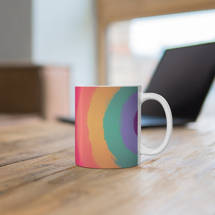 11oz Rainbow Love Wins Coffee Mug: white, lavender ceramic mugs, minimal colorful graphic style