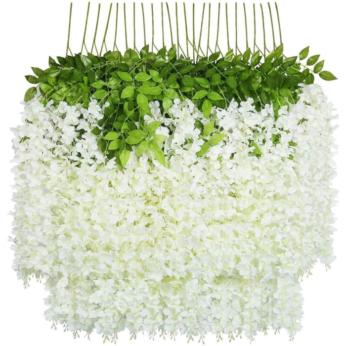 12 Floral Plastic Wisteria Pieces for Party Decoration: white, green white cascading flowers with green foliage, decorative b