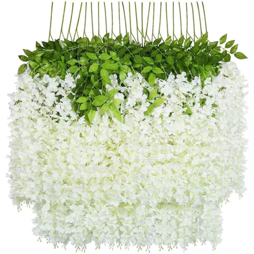 12 Floral Plastic Wisteria Pieces for Party Decoration: white, green white cascading flowers with green foliage, decorative b