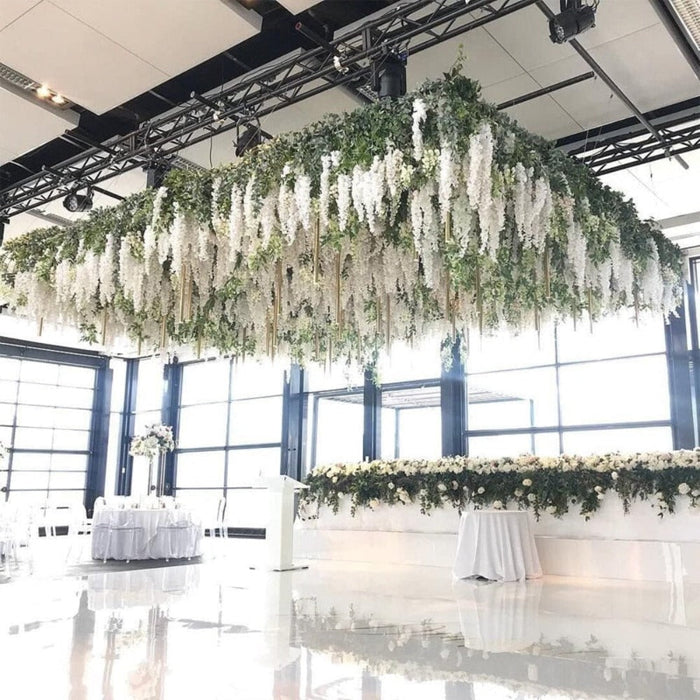 12 Floral Plastic Wisteria Pieces for Party Decoration: white, green white cascading flowers with green foliage, decorative b