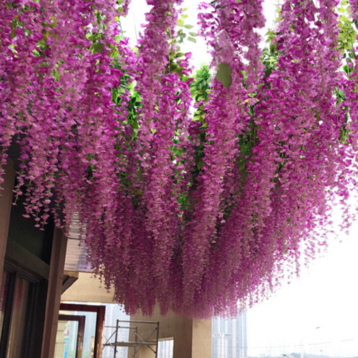 12 Floral Plastic Wisteria Pieces for Party Decoration: white, green white cascading flowers with green foliage, decorative b