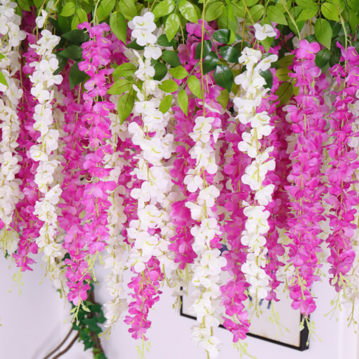 12 Floral Plastic Wisteria Pieces for Party Decoration: white, green white cascading flowers with green foliage, decorative b