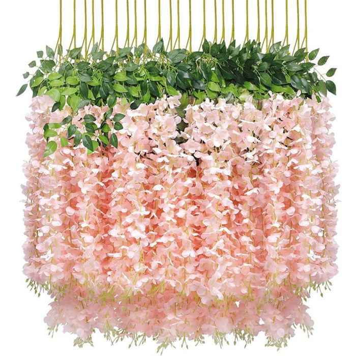 12 Floral Plastic Wisteria Pieces for Party Decoration: white, green white cascading flowers with green foliage, decorative b