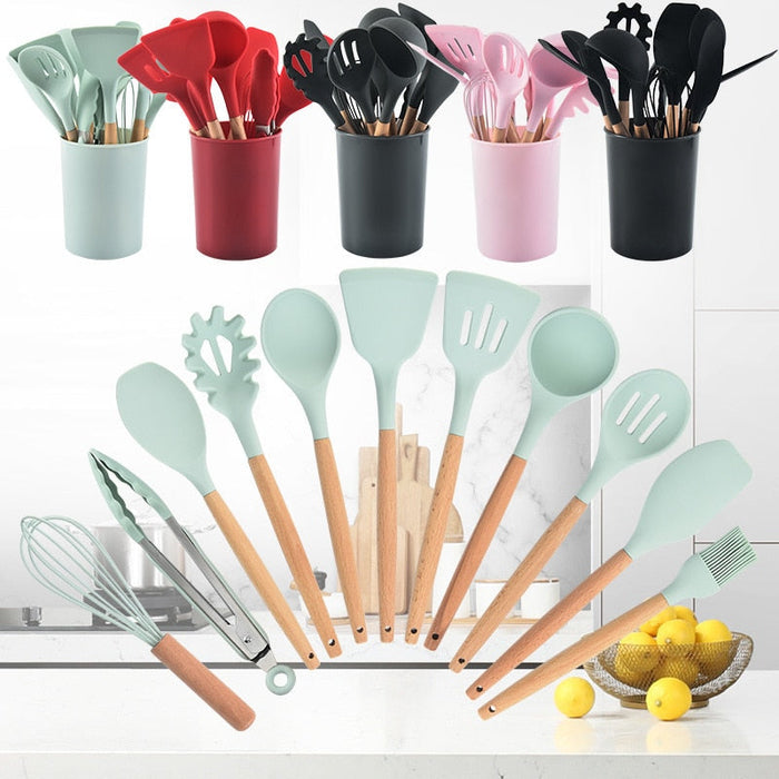12-Piece Set of Silicone Kitchen Utensils: mint green, red kitchen utensil set, minimal modern style