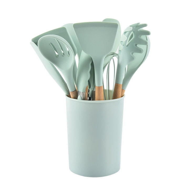 12-Piece Set of Silicone Kitchen Utensils: mint green, red kitchen utensil set, minimal modern style