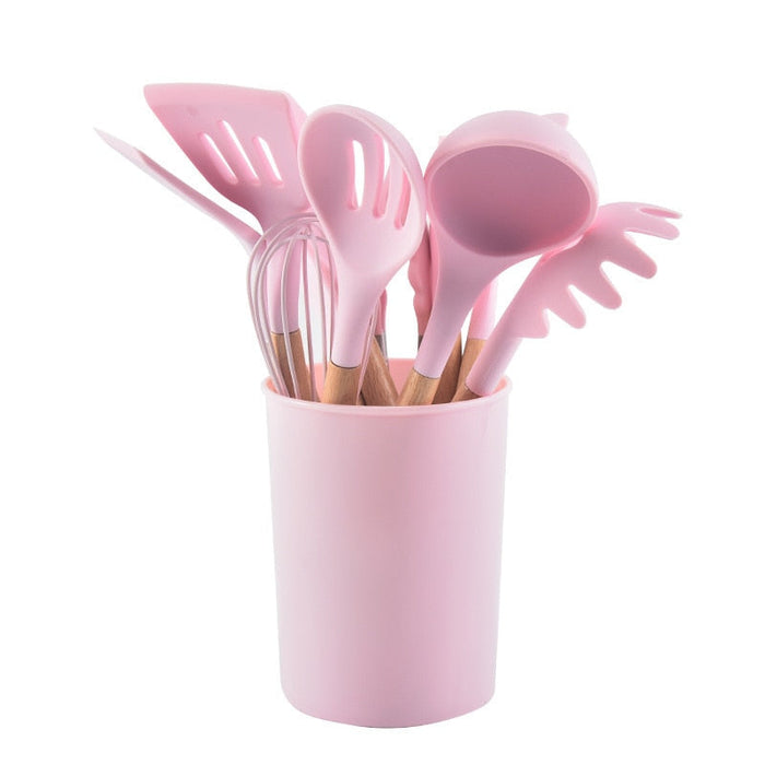 12-Piece Set of Silicone Kitchen Utensils: mint green, red kitchen utensil set, minimal modern style