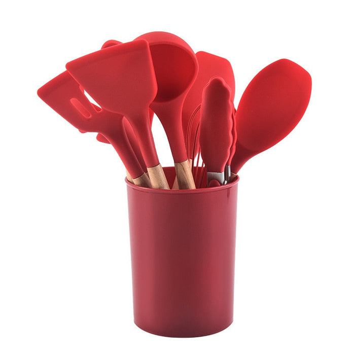 12-Piece Set of Silicone Kitchen Utensils: mint green, red kitchen utensil set, minimal modern style