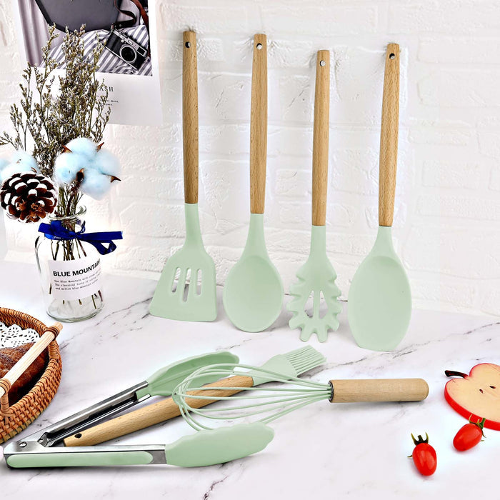 12-Piece Set of Silicone Kitchen Utensils: mint green, red kitchen utensil set, minimal modern style