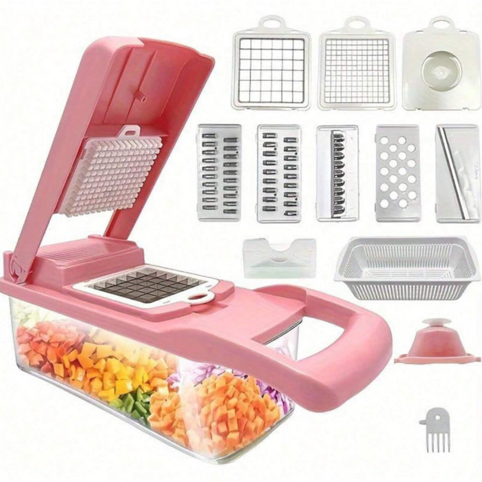 14 Piece Versatile Vegetable Cutting Tool Set: pink, white multi-function food chopper/slicer set, functional kitchen gadget