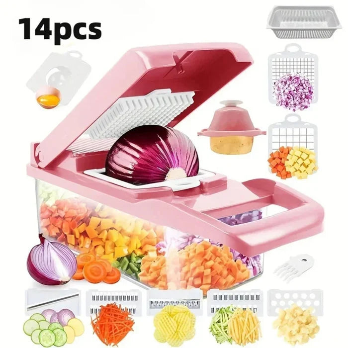 14 Piece Versatile Vegetable Cutting Tool Set: pink, white multi-function food chopper/slicer set, functional kitchen gadget