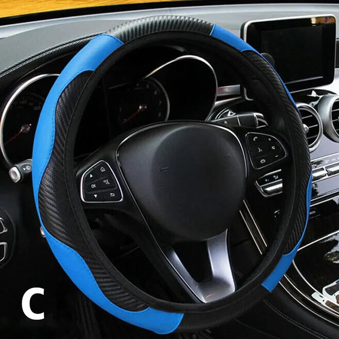 15" Faux Leather Steering Wheel Wrap: black, blue car steering wheel cover, sporty style