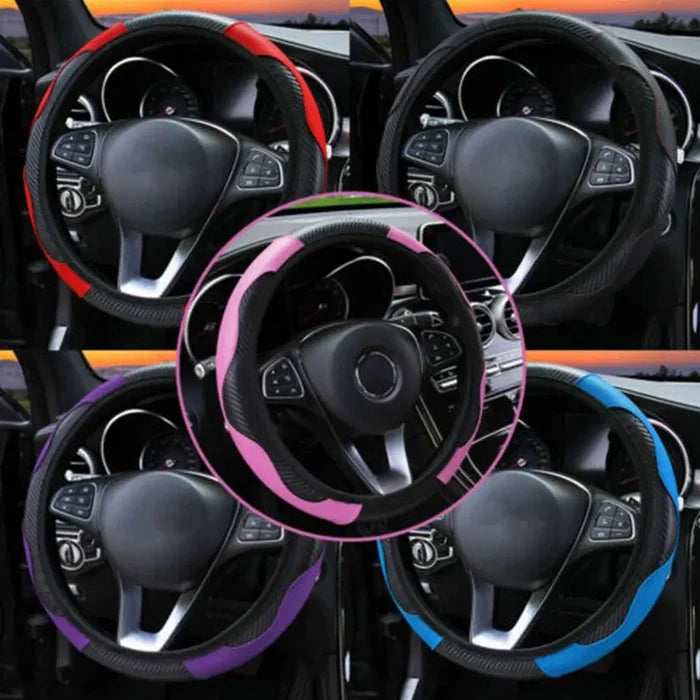 15" Faux Leather Steering Wheel Wrap: black, blue car steering wheel cover, sporty style