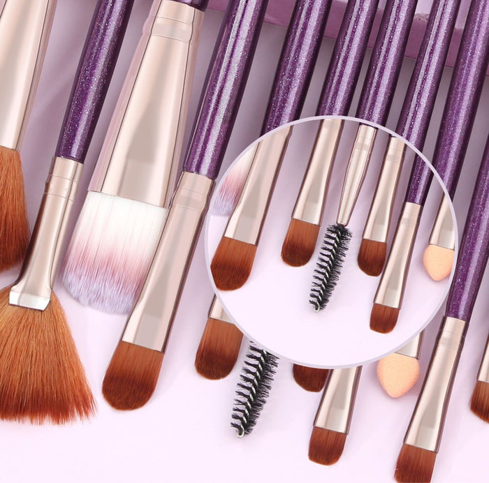 18-Piece Shimmering Makeup Brush Collection: purple, silver makeup brush set, minimal style