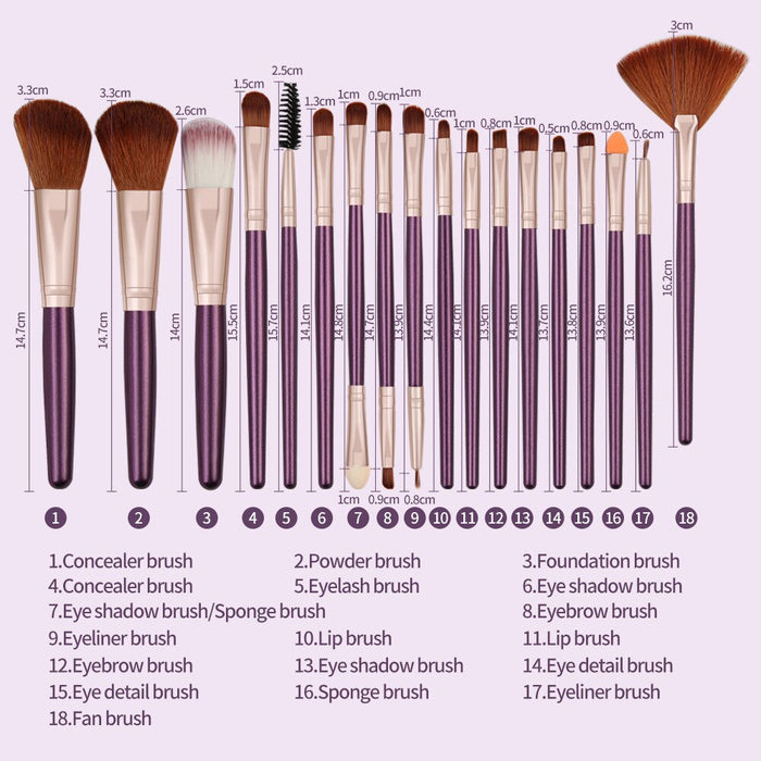 18-Piece Shimmering Makeup Brush Collection: purple, silver makeup brush set, minimal style