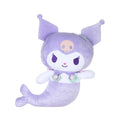 19in Plush Toys with Mermaid Designs: lavender purple, white Kuromi-like cartoon character with mermaid tail, kawaii cartoon