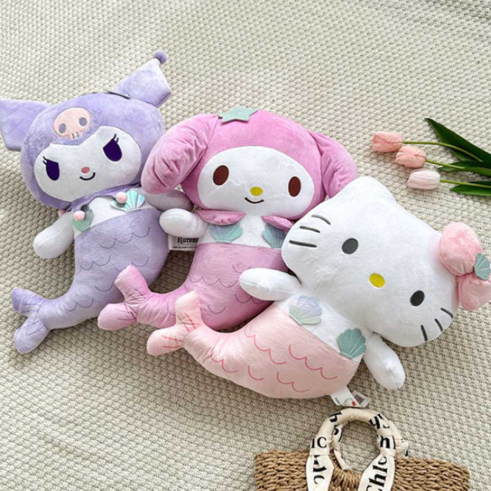 19in Plush Toys with Mermaid Designs: lavender purple, white Kuromi-like cartoon character with mermaid tail, kawaii cartoon