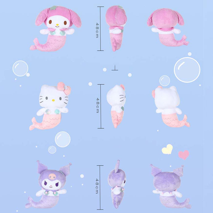 19in Plush Toys with Mermaid Designs: lavender purple, white Kuromi-like cartoon character with mermaid tail, kawaii cartoon