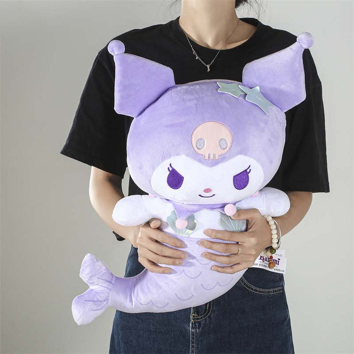 19in Plush Toys with Mermaid Designs: lavender purple, white Kuromi-like cartoon character with mermaid tail, kawaii cartoon
