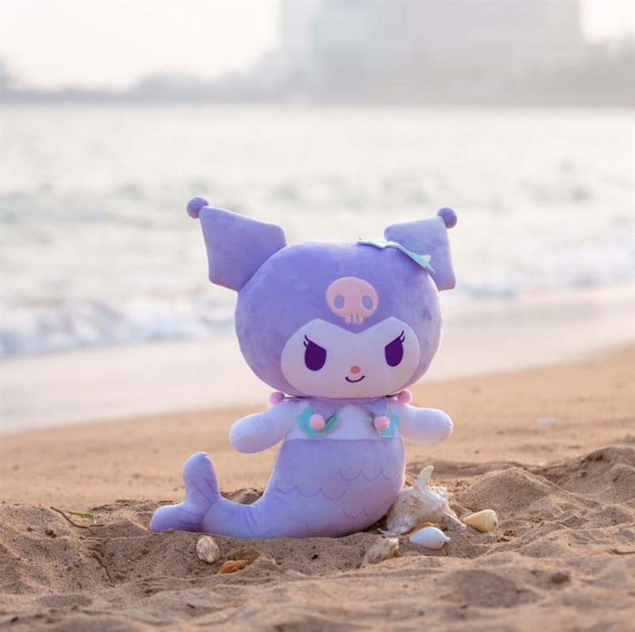 19in Plush Toys with Mermaid Designs: lavender purple, white Kuromi-like cartoon character with mermaid tail, kawaii cartoon