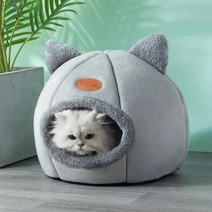 2-in-1 Pet House Bed, Comfortable and Cozy Retreat for Your Beloved Pet: light gray, dark gray cat-themed pet bed with a cat